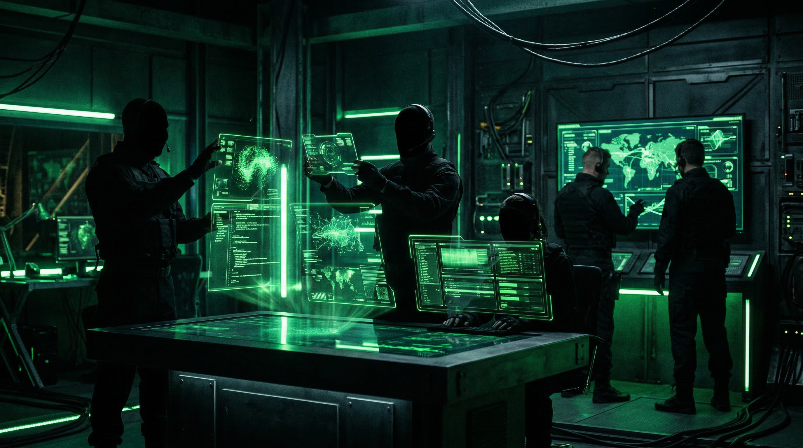 Futuristic operations center with AI interfaces