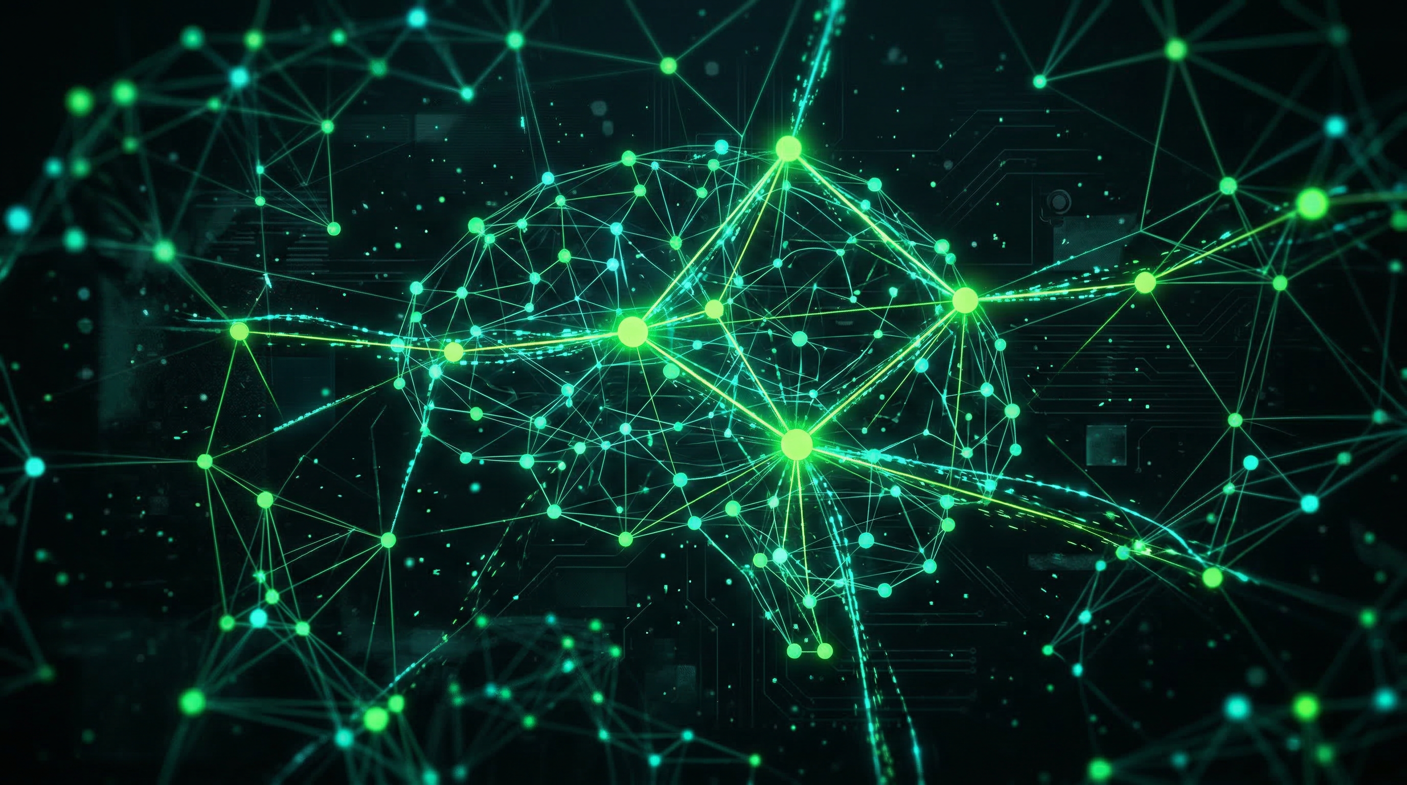 AI neural network visualization with glowing green nodes